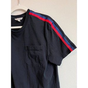 Black Calvin Klein Men's Tee, Size XL, Red and Blue Stripes with Red Logo Patch
